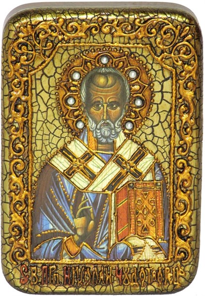 Настольная икона Святитель Николай, архиепископ Мир Ликийский (Мирликийский), чудотворец на мореном дубе 15х10 20911 - фото 34875