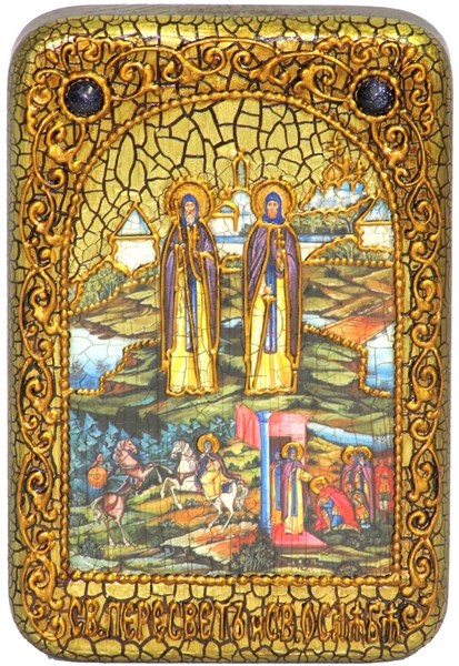 Настольная икона Святые преподобные Александр (Пересвет) и Андрей (Ослябя) Радонежские на мореном дубе 15х10 21101 - фото 34924