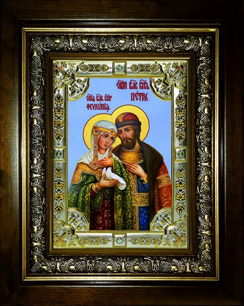 Икона Петр и Феврония святые благоверные князья, в киоте 24х30 см 23515 - фото 37227
