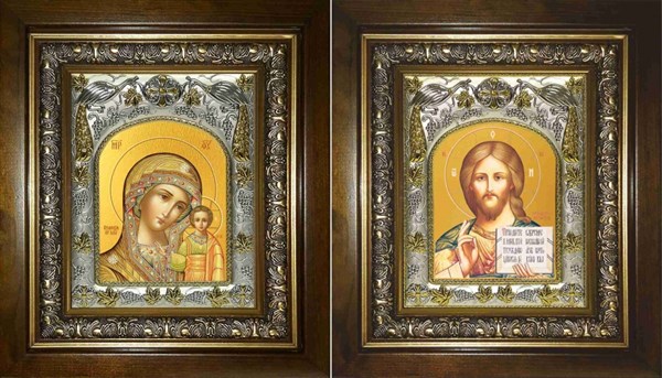 Икона Венчальная пара - Господь Вседержитель и Казанская Божия Матерь в киоте 40х24см 24249 - фото 37942