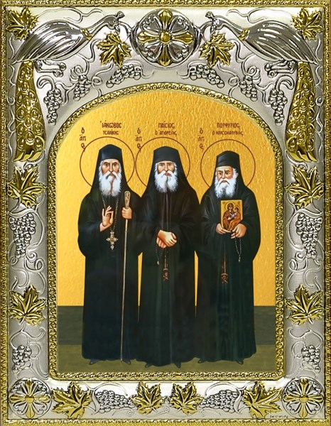 Икона Иаков (Тсаликис) Эвбейский Блаженный старец, преподобный Паисий Святогорец, преподобный Порфирий Кавсокаливит, 14х18 см 28572