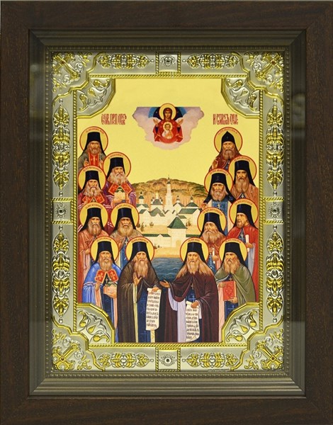 Икона Оптинские старцы, в киоте 24х30 см 29594