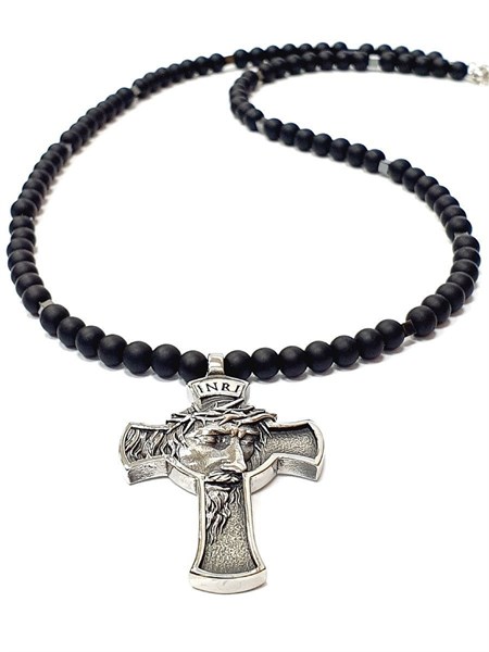 Бусы дизайнерские из гематита и шунгита с авторским крестом Иисус 216744