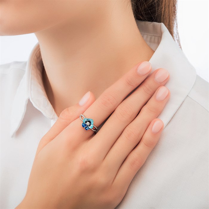 Кольцо из серебра «Анютины глазки», голубое с фианитом Fil6.69.2-401