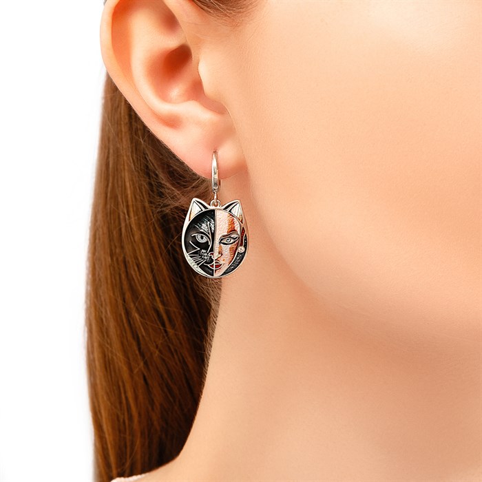 Серебряные серьги-подвески мимикроны «Кошка», черные Fil31.337-440