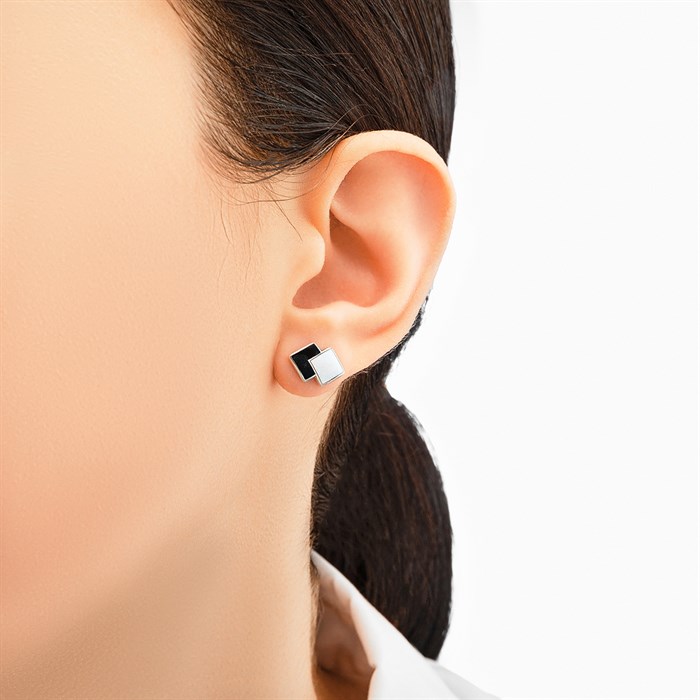 Пусета из серебра «B&W», два квадрата, черно-белая Fil31.401п-441