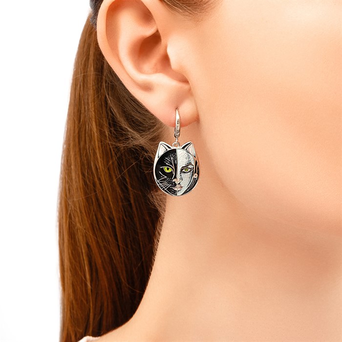 Серебряные серьги-подвески мимикроны «Кошка», серые Fil31.337-442