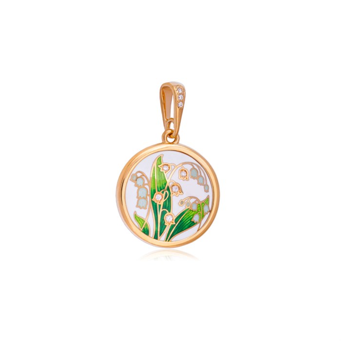 Подвеска с фианитами «Ландыши», белая с позолотой, круглая, горячая эмаль Fil71.130з-589