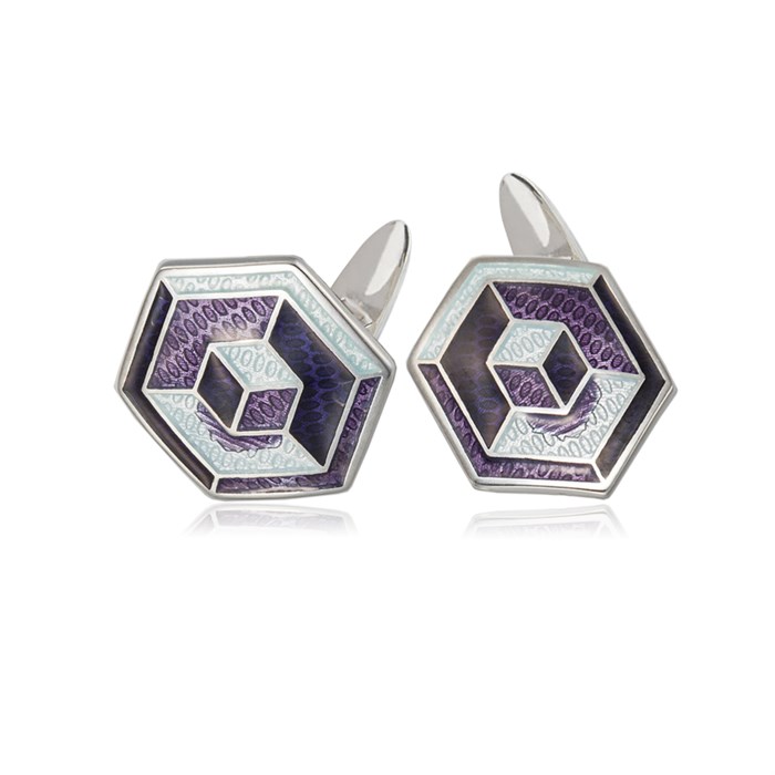 Серебряные запонки «Невозможные фигуры», кубическая абстракция, фиолетовые Fil21.249-663