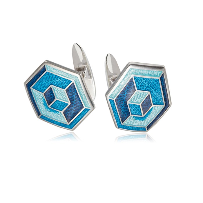 Серебряные запонки «Невозможные фигуры», кубическая абстракция, голубые Fil21.249-664