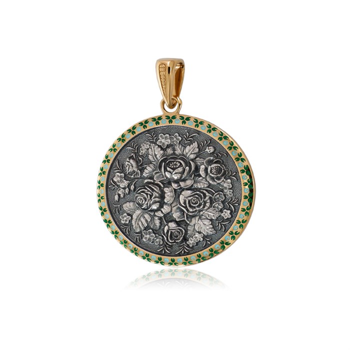 Подвеска из серебра круглая «Жостово» (золочение), зеленая Fil7.24з-705