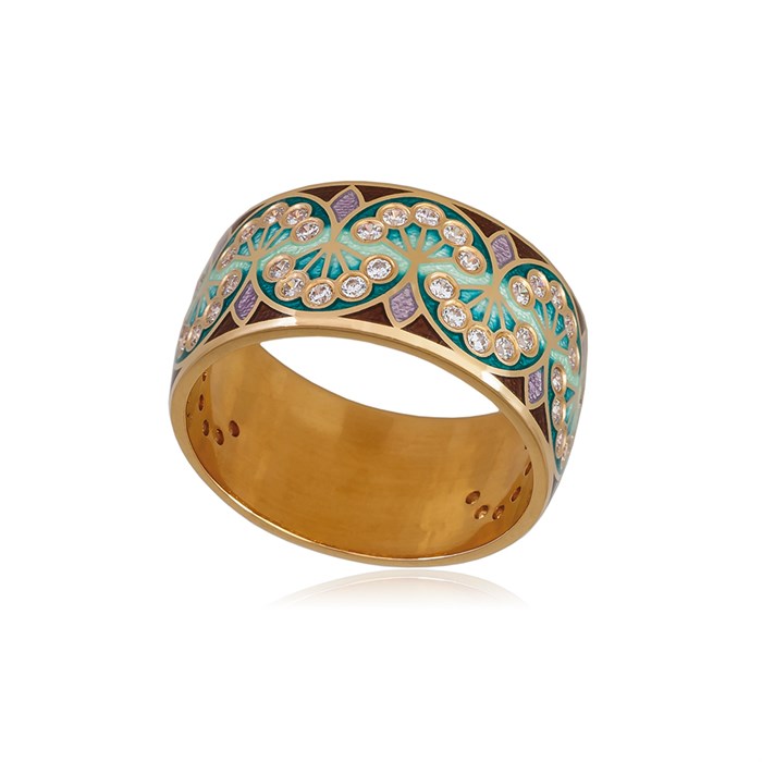 Кольцо из серебра «Сады Семирамиды» (золочение), зеленое с фианитами Fil6.99з-839