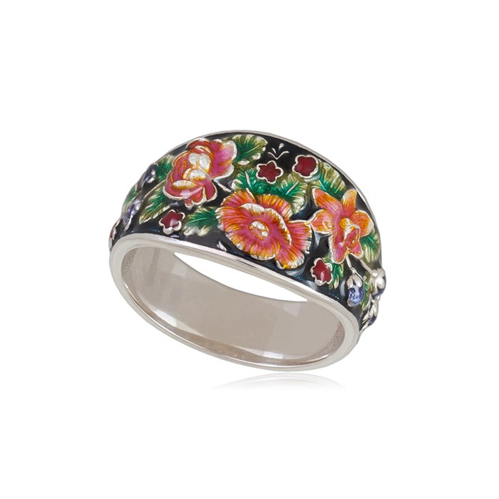 Кольцо из серебра «Жостово» (эмаль), черное Fil6.23э-905