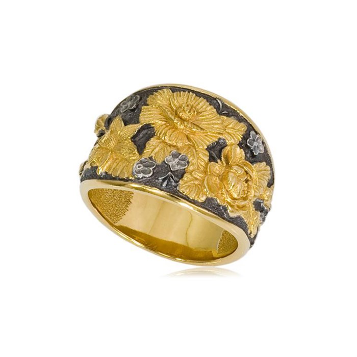 Кольцо из серебра «Жостово» (золочение), золотые розы Fil6.23з-908