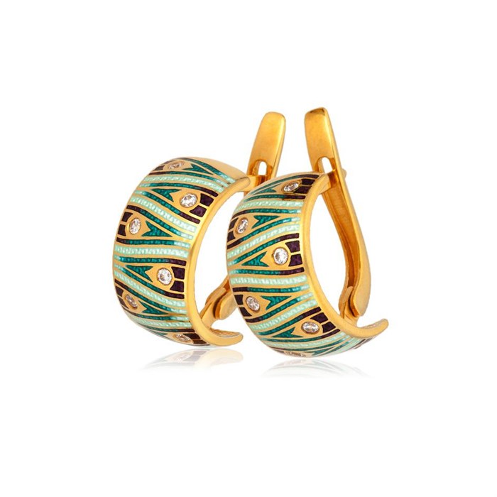 Серьги-полукольца «Модерн. Перо павлина» (золочение), зеленые Fil3.93з-969