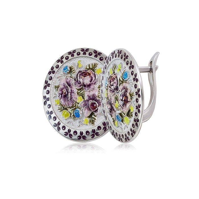 Серьги из серебра круглые «Жостово», бело-фиолетовые Fil3.24э-973