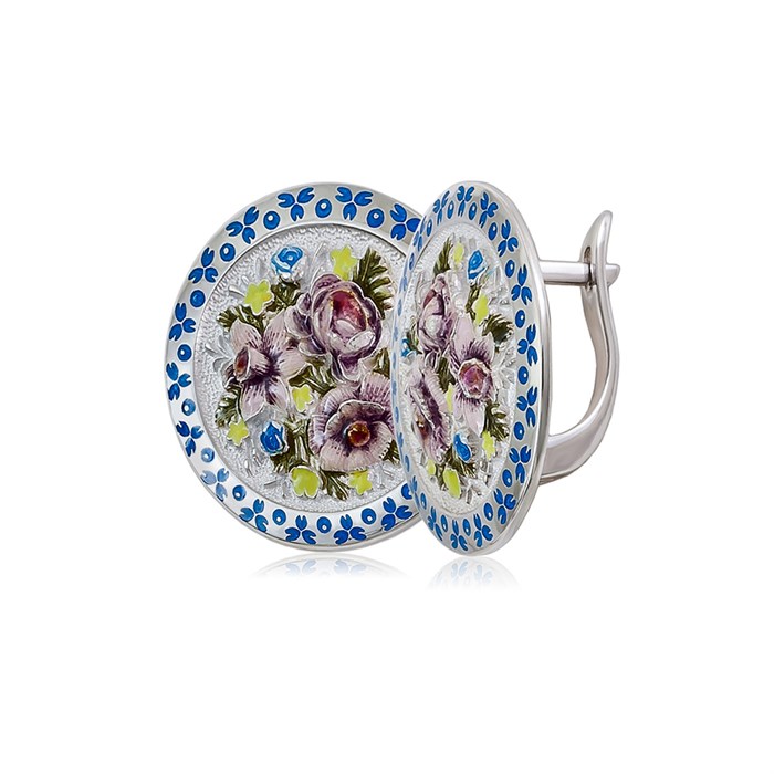 Серьги из серебра круглые «Жостово», бело-синие Fil3.24э-974