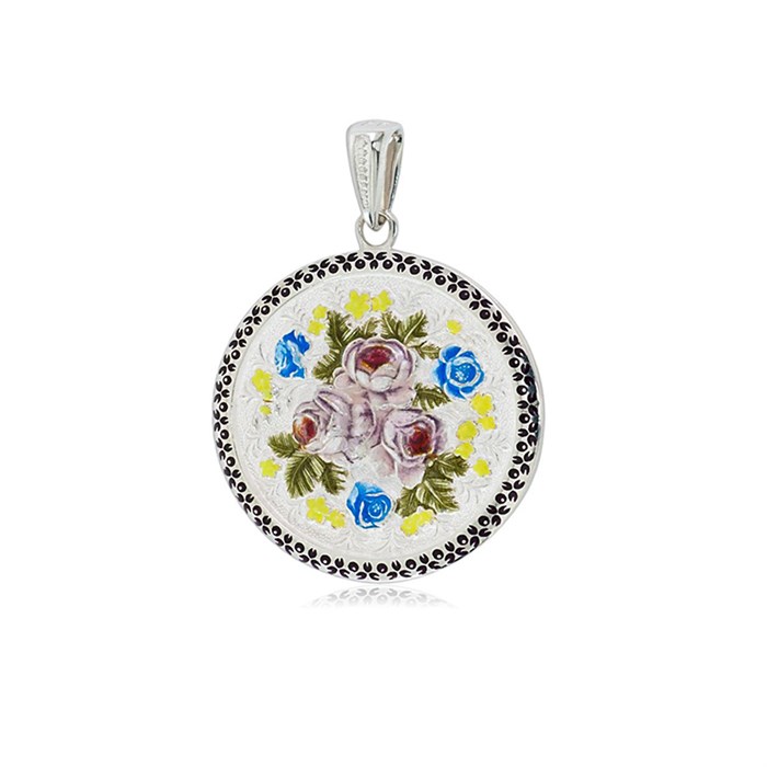 Подвеска из серебра круглая «Жостовский букет» (эмаль), белая Fil7.24э-1029