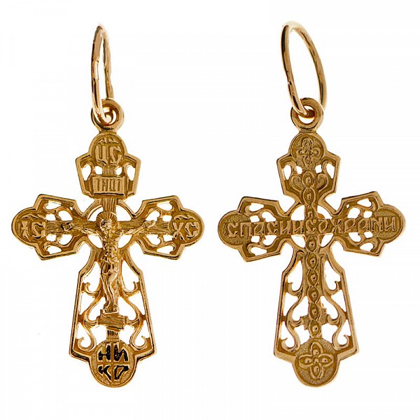 Крест серебрянный, Позолота красная 585*, с корундами, Спаси и сохрани, коллекция "Иваново", 1.37 гр. ПР.К.000063