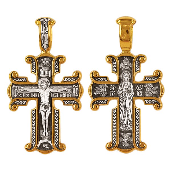 Крест серебрянный, Позолота желтая 999*, с корундами, Валаамская Божья Матерь, коллекция "Санкт-Петербург", 8.13 гр. ПР.К.000083