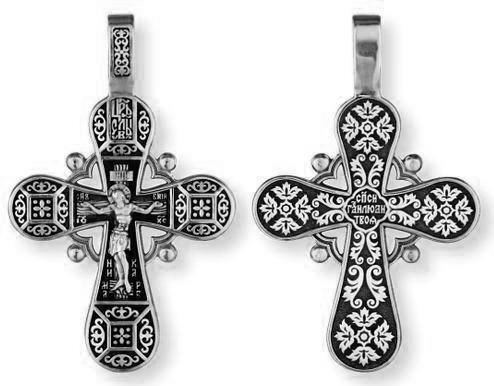 Крест серебрянный, Позолота желтая 999* Чернение (оксидирование), с корундами, Спаси, Господи, люди Твоя..., коллекция "Санкт-Петербург", 10.09 гр. ПР.К.000085