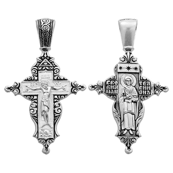 Крест серебрянный, Чернение (оксидирование), с корундами, Пантелеимон Св., коллекция "Санкт-Петербург", 6.00 гр. ПР.К.000327
