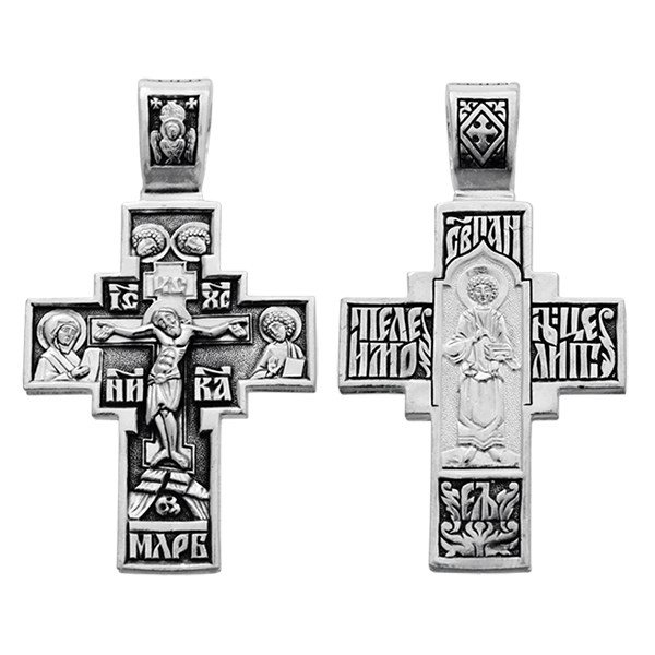 Крест серебрянный, Чернение (оксидирование), с корундами, Пантелеимон Св., коллекция "Санкт-Петербург", 10.42 гр. ПР.К.000330