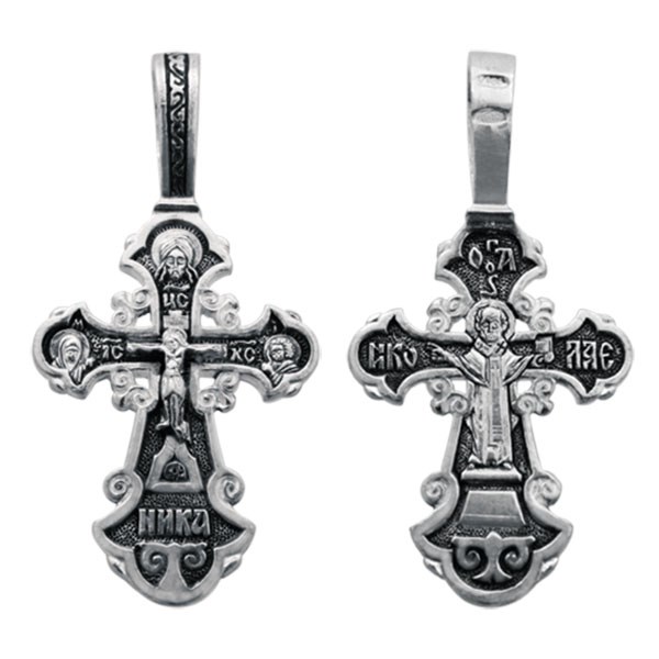 Крест серебрянный, Чернение (оксидирование), с корундами, Николай Чудотворец, коллекция "Санкт-Петербург", 2.07 гр. ПР.К.000339