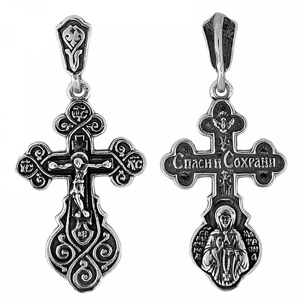 Крест серебрянный, Чернение (оксидирование), с корундами, Матрона Св., Спаси и сохрани, Спаси и сохрани, 3.98 гр. ПР.К.000357