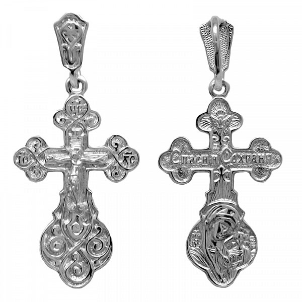 Крест серебрянный, с корундами, Казанская Божья Матерь, Спаси и сохрани, Спаси и сохрани, 2.95 гр. ПР.К.000358