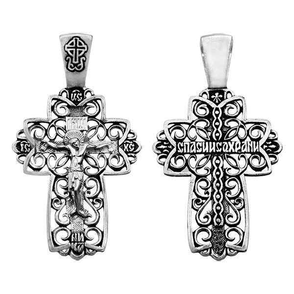 Крест серебрянный, Чернение (оксидирование), с корундами, Спаси и сохрани, коллекция "Санкт-Петербург", 3.70 гр. ПР.К.000363