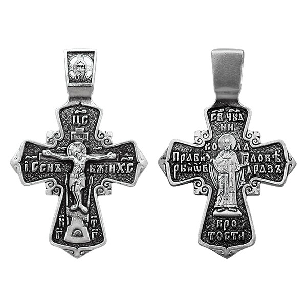 Крест серебрянный, Чернение (оксидирование), с корундами, Николай Чудотворец, коллекция "Санкт-Петербург", 3.76 гр. ПР.К.000377