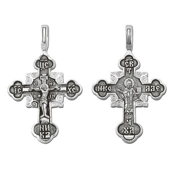 Крест серебрянный, Чернение (оксидирование), с корундами, Николай Чудотворец, коллекция "Санкт-Петербург", 2.93 гр. ПР.К.000387