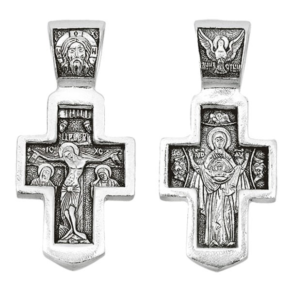 Крест серебрянный, Чернение (оксидирование), с корундами, Знамение Божья Матерь, коллекция "Санкт-Петербург", 6.40 гр. ПР.К.000397