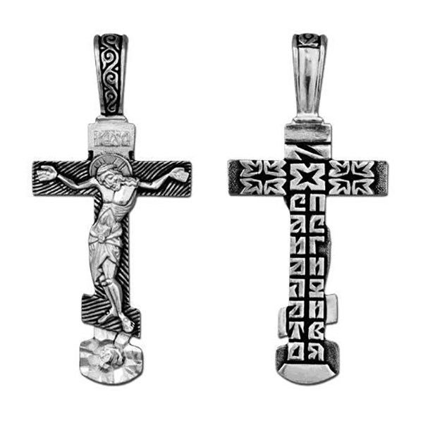 Крест серебрянный, Чернение (оксидирование), с корундами, Спаси, Господи, люди Твоя..., коллекция "Санкт-Петербург", 2.73 гр. ПР.К.000407 - фото 82433