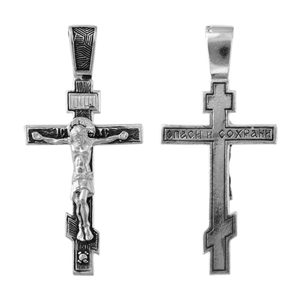 Крест серебрянный, Чернение (оксидирование), с корундами, Спаси и сохрани, коллекция "Санкт-Петербург", 4.60 гр. ПР.К.000418