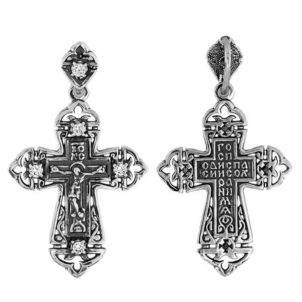 Крест серебрянный, Чернение (оксидирование), с корундами, Спаси и сохрани, Спаси и сохрани, 3.52 гр. ПР.К.000425 - фото 82451