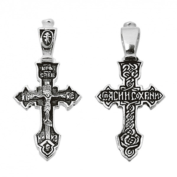 Крест серебрянный, Чернение (оксидирование), с корундами, Спаси и сохрани, коллекция "Санкт-Петербург", 1.08 гр. ПР.К.000442