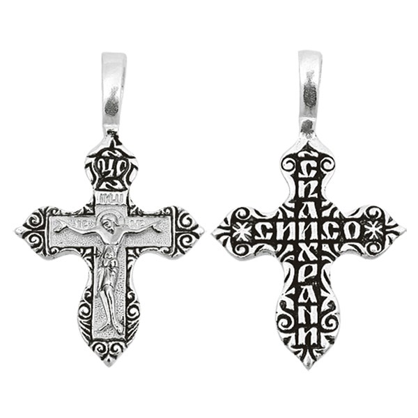 Крест серебрянный, Чернение (оксидирование), с корундами, Спаси и сохрани, коллекция "Санкт-Петербург", 1.82 гр. ПР.К.000465