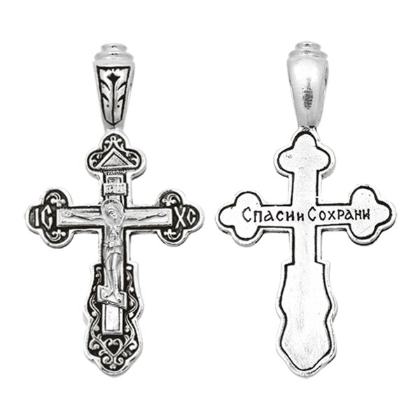 Крест серебрянный, Чернение (оксидирование), с корундами, Спаси и сохрани, коллекция "Санкт-Петербург", 3.09 гр. ПР.К.000483