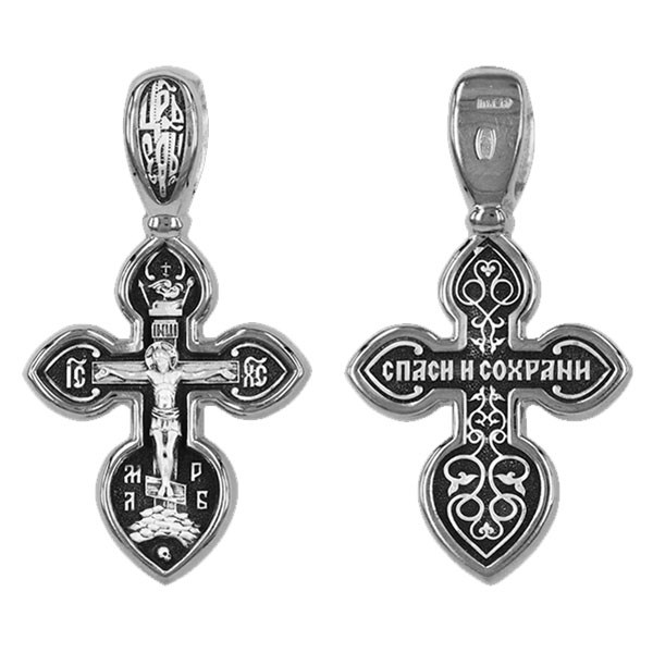 Крест серебрянный, Чернение (оксидирование), с корундами, Спаси и сохрани, коллекция "Санкт-Петербург", 3.37 гр. ПР.К.000629