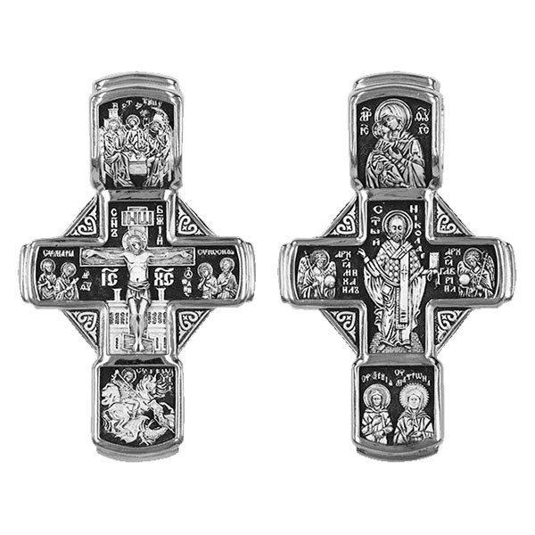 Крест серебрянный, Чернение (оксидирование), с корундами, Владимирская Божья Матерь-Михаил Архангел-Николай Чудотворец-Троица Св.-, коллекция "Санкт-Петербург", 11.80 гр. ПР.К.000630