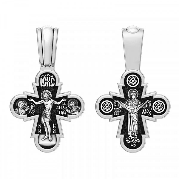 Крест серебрянный, Чернение (оксидирование), с корундами, Покров Пресвятой Богородицы, коллекция "Санкт-Петербург", 3.03 гр. ПР.К.000651