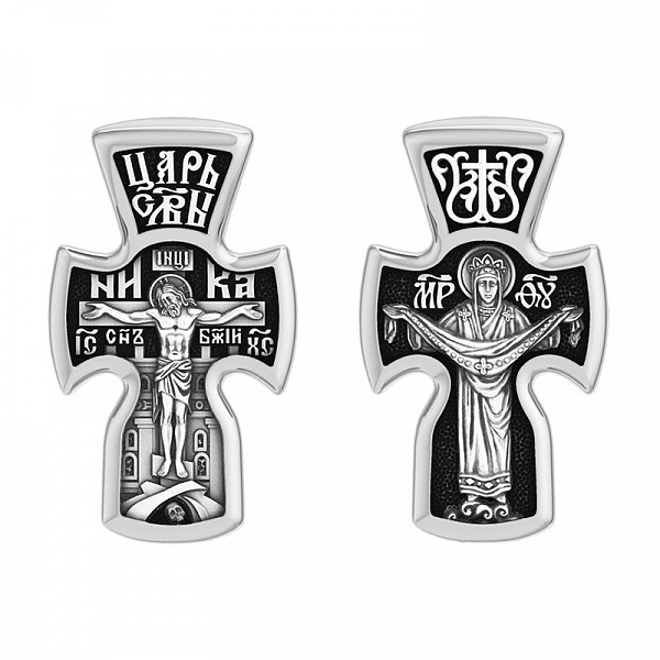 Крест серебрянный, Чернение (оксидирование), с корундами, Покров Пресвятой Богородицы, коллекция "Санкт-Петербург", 2.74 гр. ПР.К.000654