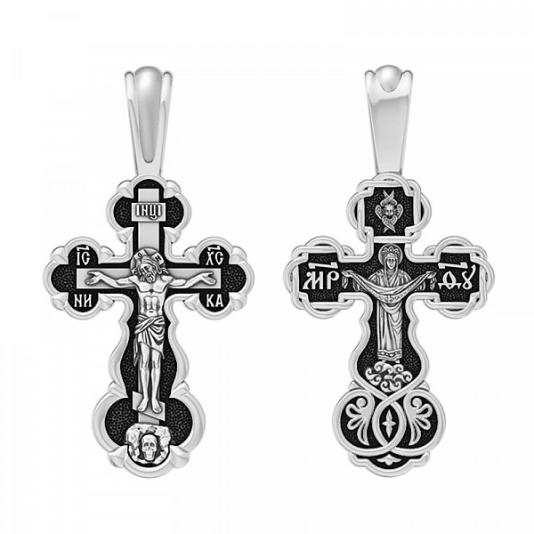 Крест серебрянный, Чернение (оксидирование), с корундами, Покров Пресвятой Богородицы, коллекция "Санкт-Петербург", 4.32 гр. ПР.К.000657