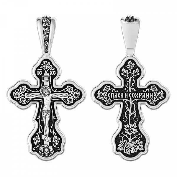Крест серебрянный, Чернение (оксидирование), с корундами, Спаси и сохрани, коллекция "Санкт-Петербург", 6.20 гр. ПР.К.000660