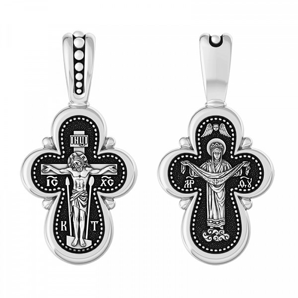 Крест серебрянный, Чернение (оксидирование), с корундами, Покров Пресвятой Богородицы, коллекция "Санкт-Петербург", 3.19 гр. ПР.К.000661