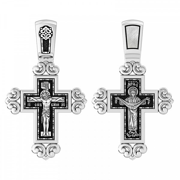 Крест серебрянный, Чернение (оксидирование), с корундами, Покров Пресвятой Богородицы, коллекция "Санкт-Петербург", 4.73 гр. ПР.К.000668