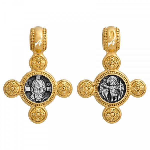 Крест серебрянный, Позолота желтая 999* Чернение (оксидирование), с корундами, Спас Нерукотворный, Акимов, 4.64 гр. ПР.К.000837