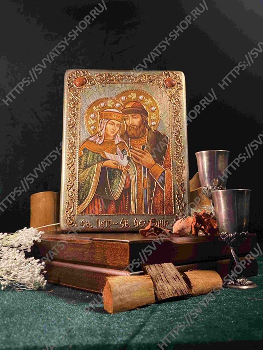 Настольная икона Петр и Февронья на мореном дубе 15х10 21136 - фото 83854